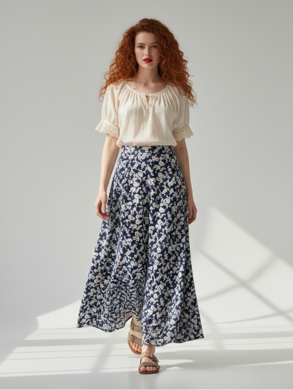 Handmade Cottagecore Navy Blue White Ditsy Floral A Line Maxi Skirt Size M
